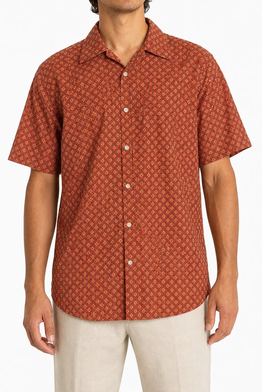 Burma Bibas Mens 100% Cotton Lawn Geometric Short Sleeve Button Down Shirt Red L